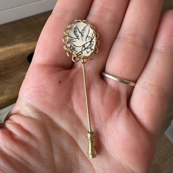 Vintage Bird Pin Hand Drawn with Olive Branch Artist Pin Signed Religious Pin - Picture 3 of 3